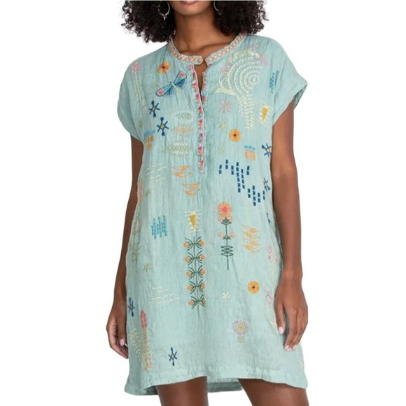 Johnny Was Dresses & Skirts - Johnny Was Sz S Elektra Dress Linen Boho Embroidered Blue Surf Casual